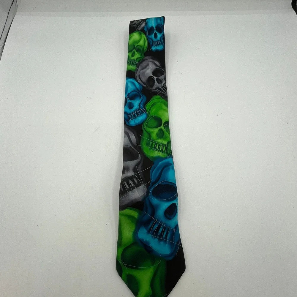 Jerry Garcia Plague Entity Collection 62 Silk Skull Tie Green Blue Black Grunge‎